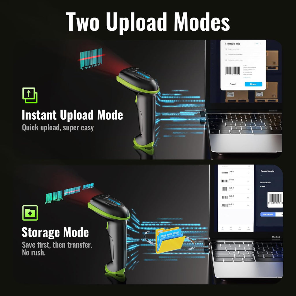 Barcode Scanner Wireless Versatile 2-in-1 (2.4Ghz Wireless+USB 2.0 Wired) with Battery Level Indicator 328 Feet Transmission Distance Rechargeable 1D Laser Bar Code Reader USB Handheld (Green)