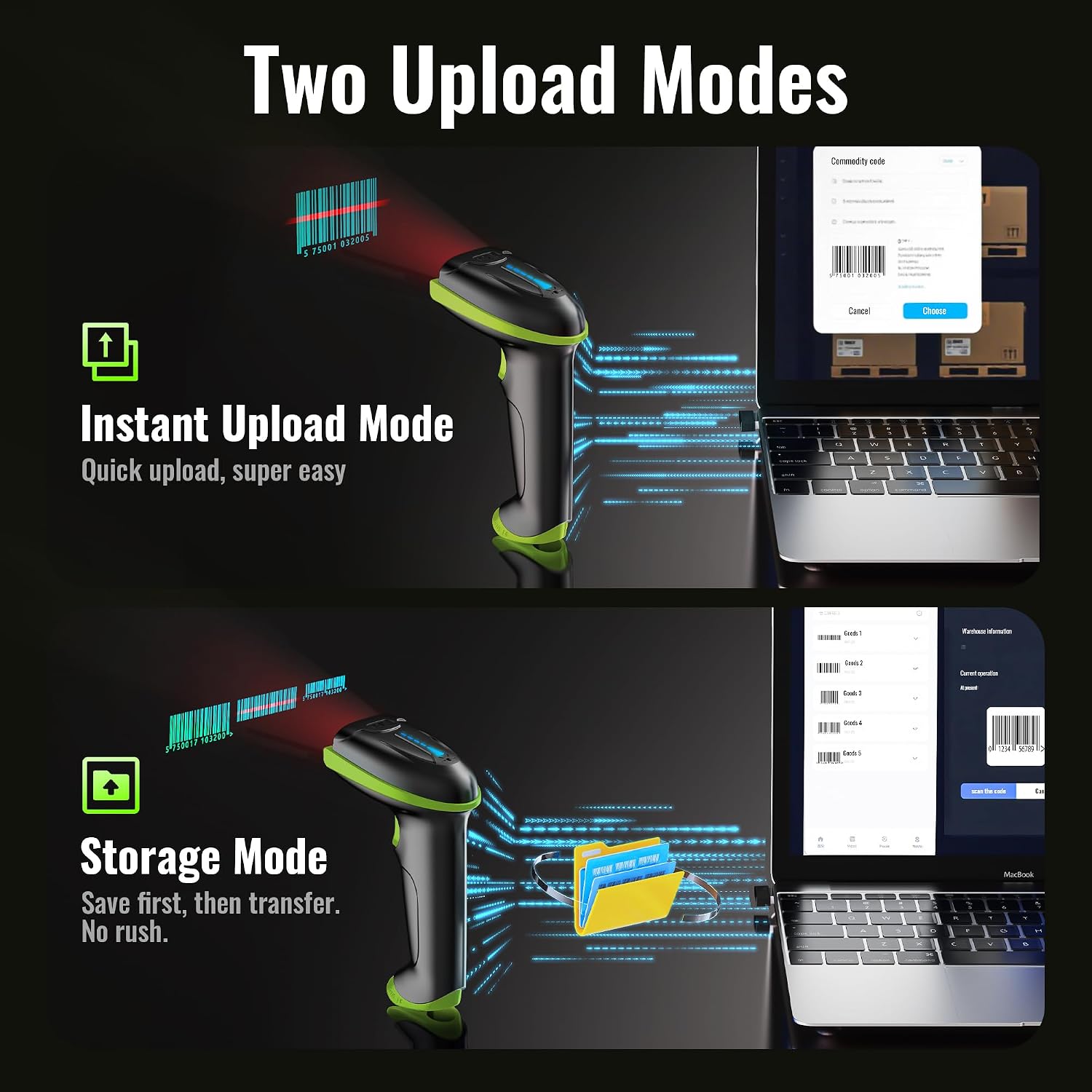 Barcode Scanner Wireless Versatile 2-in-1 (2.4Ghz Wireless+USB 2.0 Wired) with Battery Level Indicator 328 Feet Transmission Distance Rechargeable 1D Laser Bar Code Reader USB Handheld (Green)