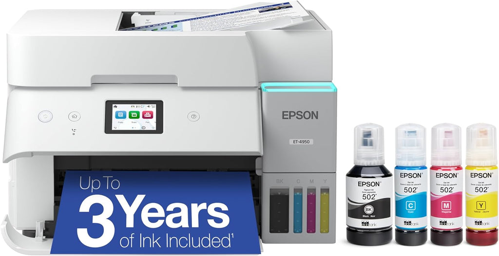 EcoTank ET-4950 Wireless All-in-One Color Supertank Printer with up to 3 Years of Ink Refillable Tanks, Perfect for Office, 18 PPM, 2.4" Colorful Touchscreen, Auto Document Feeder - White