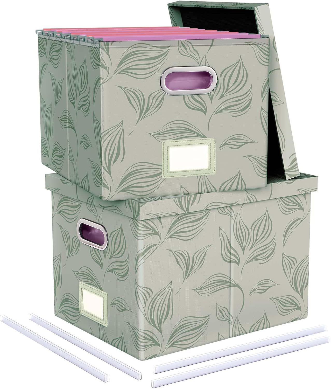 2 Pack File Storage Organizer, Document Organizer, Portable File Box with Lid, Fit for Letter/Legal File Folder Storage,Leaf Gray-Box only