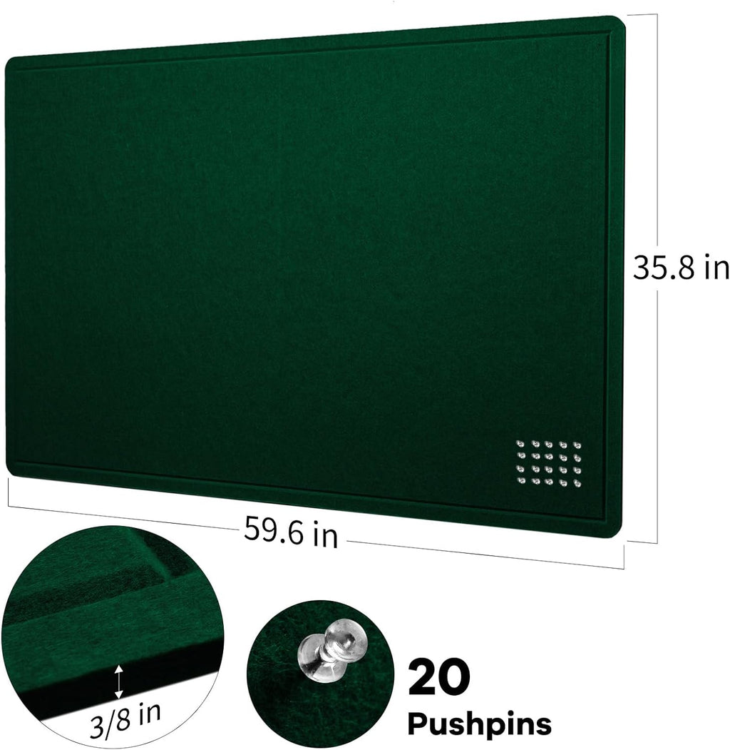 Large Bulletin Board - 60 x 36 Inches, Decorative Felt Pin Board for Wall - 5' x 3' Foldable Photo Display Board with Self-Adhesive Tape, Includes 20 Push Pins - Dark Green