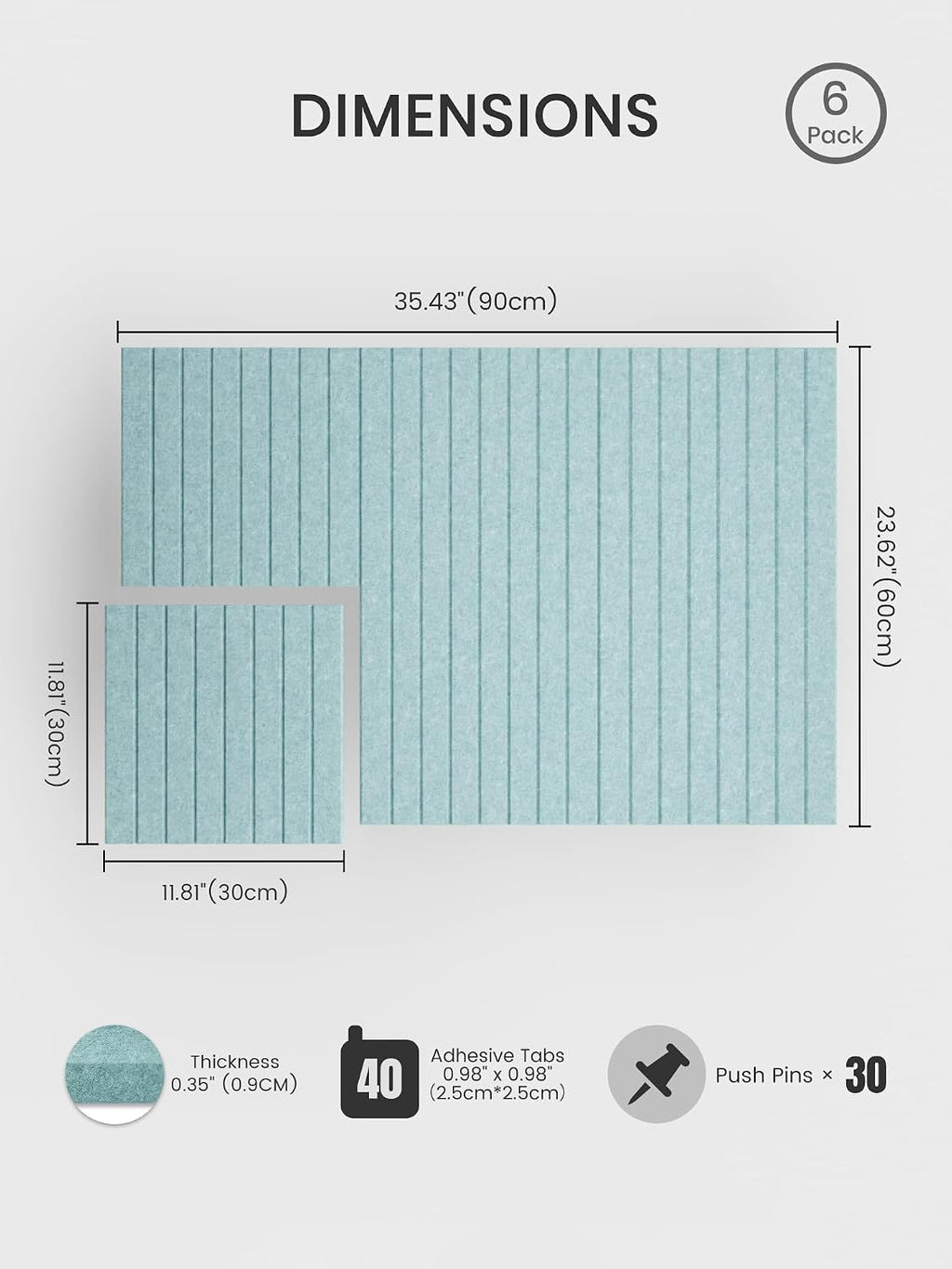 Large Felt Bulletin Board, 36" x 24" Cork Board Alternative, 6-Pack Fine Stripe Felt Wall Tiles with 30 Push Pins and 40 Adhesive Tabs, Ideal for Office, Home & Classroom, Teal Blue