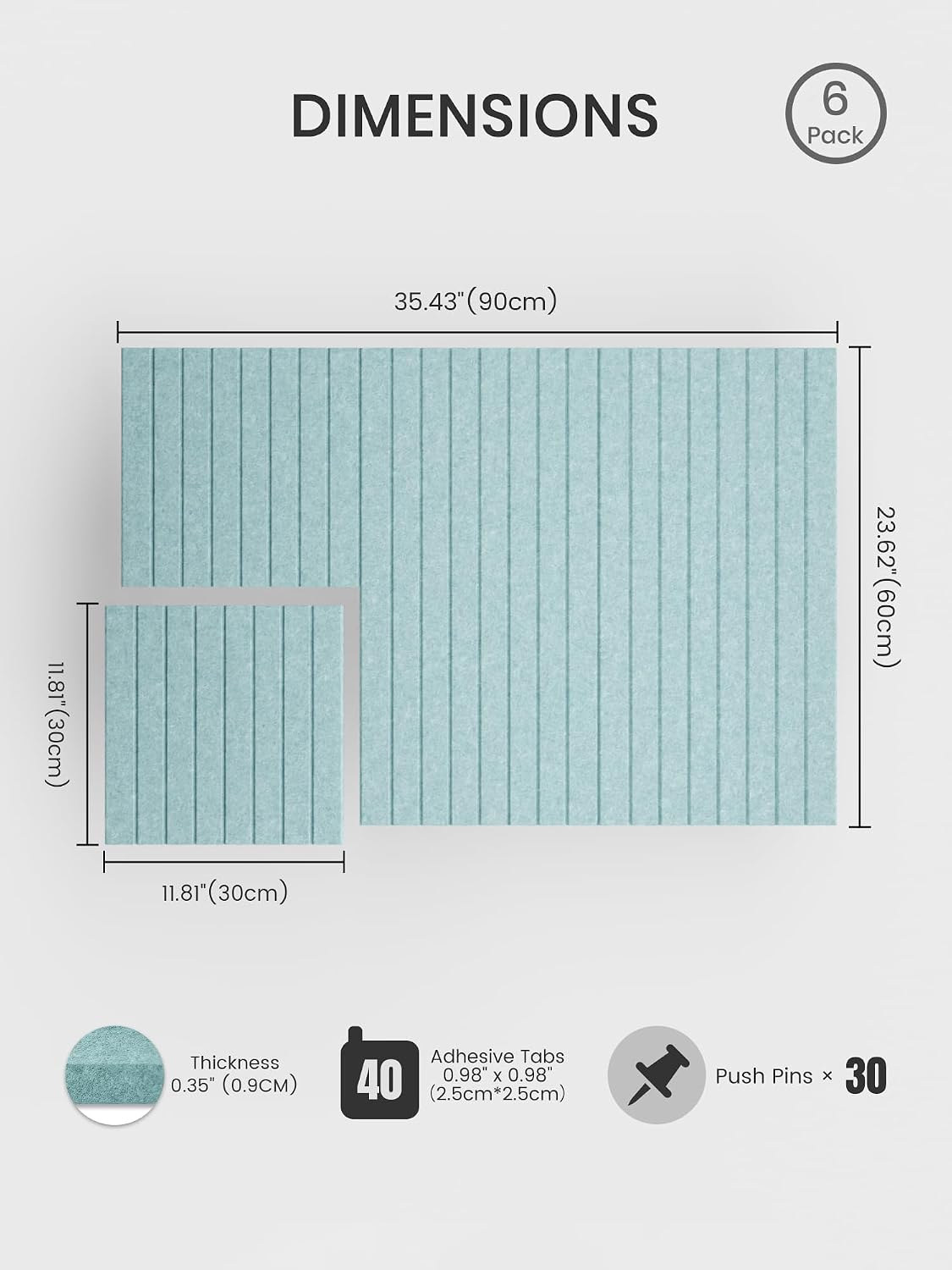 Large Felt Bulletin Board, 36" x 24" Cork Board Alternative, 6-Pack Fine Stripe Felt Wall Tiles with 30 Push Pins and 40 Adhesive Tabs, Ideal for Office, Home & Classroom, Teal Blue