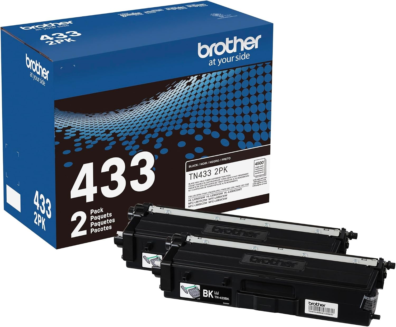 Original TN433 2PK High-Yield Black Toner Cartridge Value Pack (2), Toner Replacement Cartridge, Toner for Laser Printers HL-L8360CDW, MFC-L8610CDW, MFC-L8900CDW