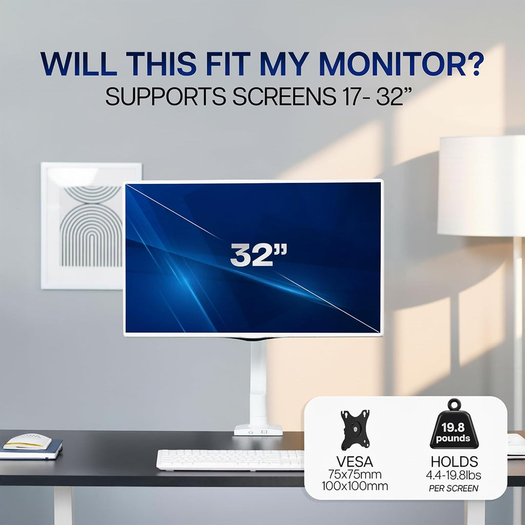 Single Monitor Stand, Fully Adjustable Arm for 17 to 32 inch Screen, Mechanical Articulating Desk Mount, Gaming and Office Setups, VESA 75x75, 100x100, Max 19.8 lbs, Classic, White, STAND-V001OW