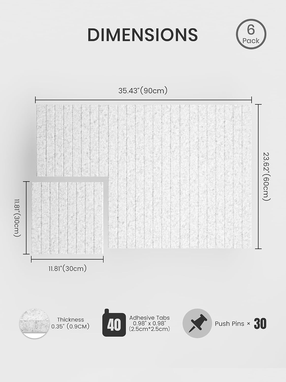 Large Felt Bulletin Board, 36" x 24" Cork Board Alternative, 6-Pack Fine Stripe Felt Wall Tiles with 30 Push Pins and 40 Adhesive Tabs, Ideal for Office, Home & Classroom, Light Gray
