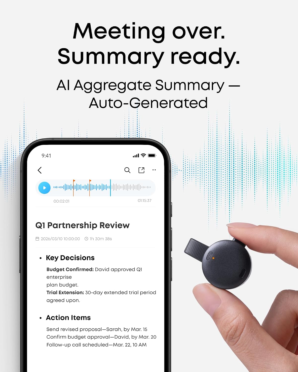 Work by Anker, Portable AI Voice Recorder, AI Note Taker, AI Transcription & Summarization, Cross-Meeting Summary, Double-Tap to Mark, MFi Certified, Privacy Protection