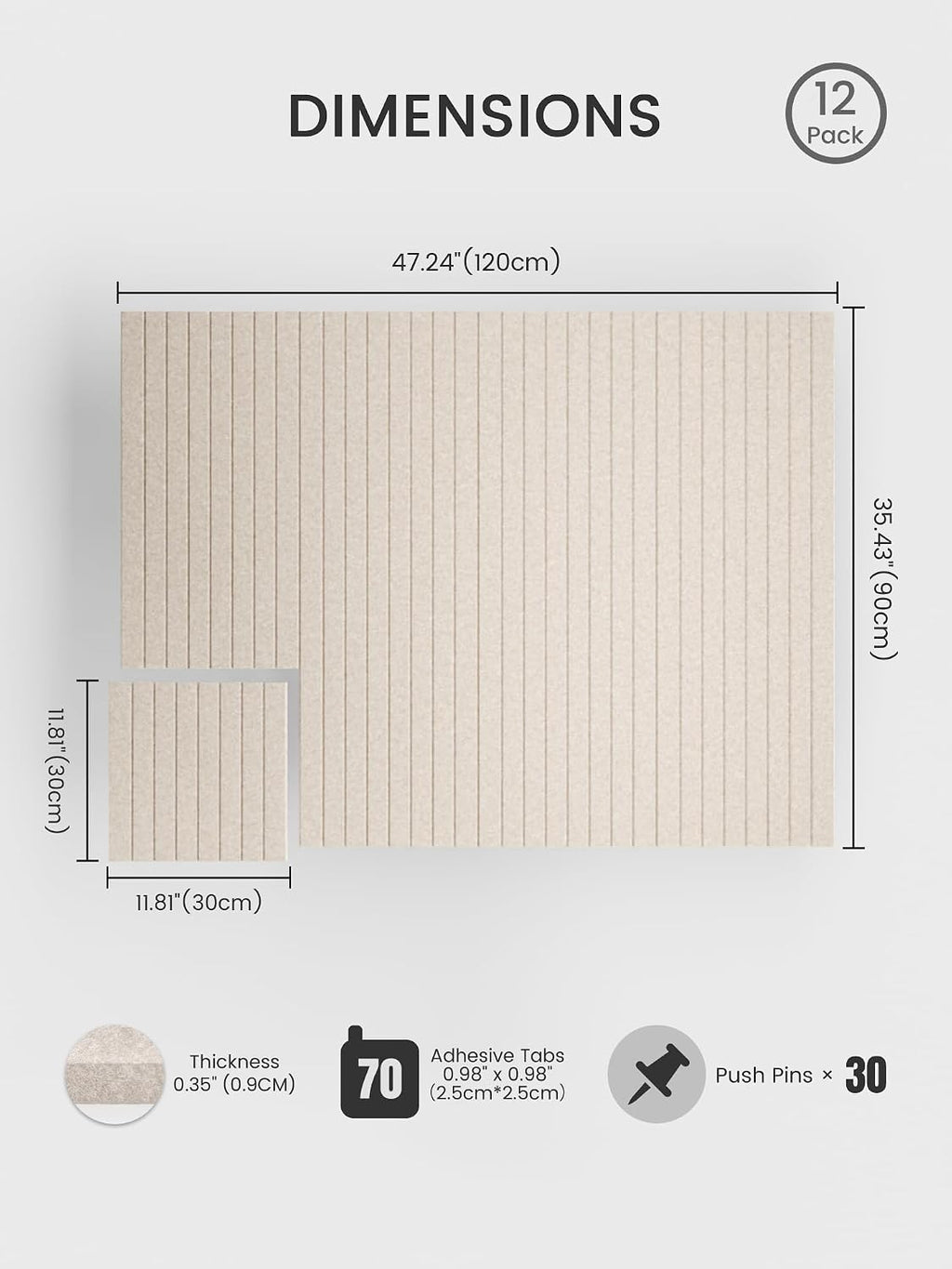 Large Cork Board Alternative - Slat Wall Paneling, Felt Bulletin Board Tiles for Office Decor, Push pin Board Office Wall Organizer -8 Vertical Stripes-12-Pack-Oatmeal