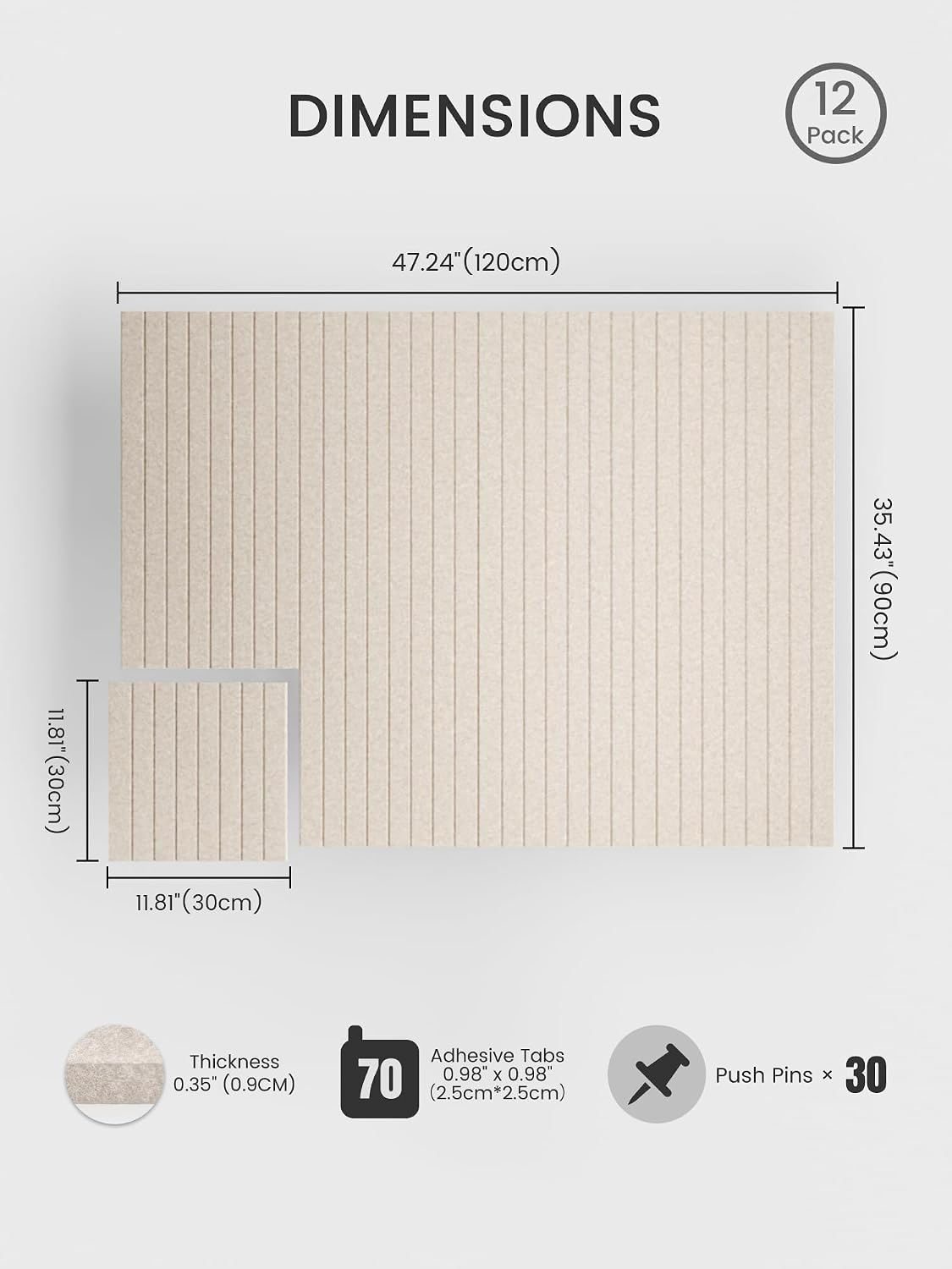 Large Cork Board Alternative - Slat Wall Paneling, Felt Bulletin Board Tiles for Office Decor, Push pin Board Office Wall Organizer -8 Vertical Stripes-12-Pack-Oatmeal