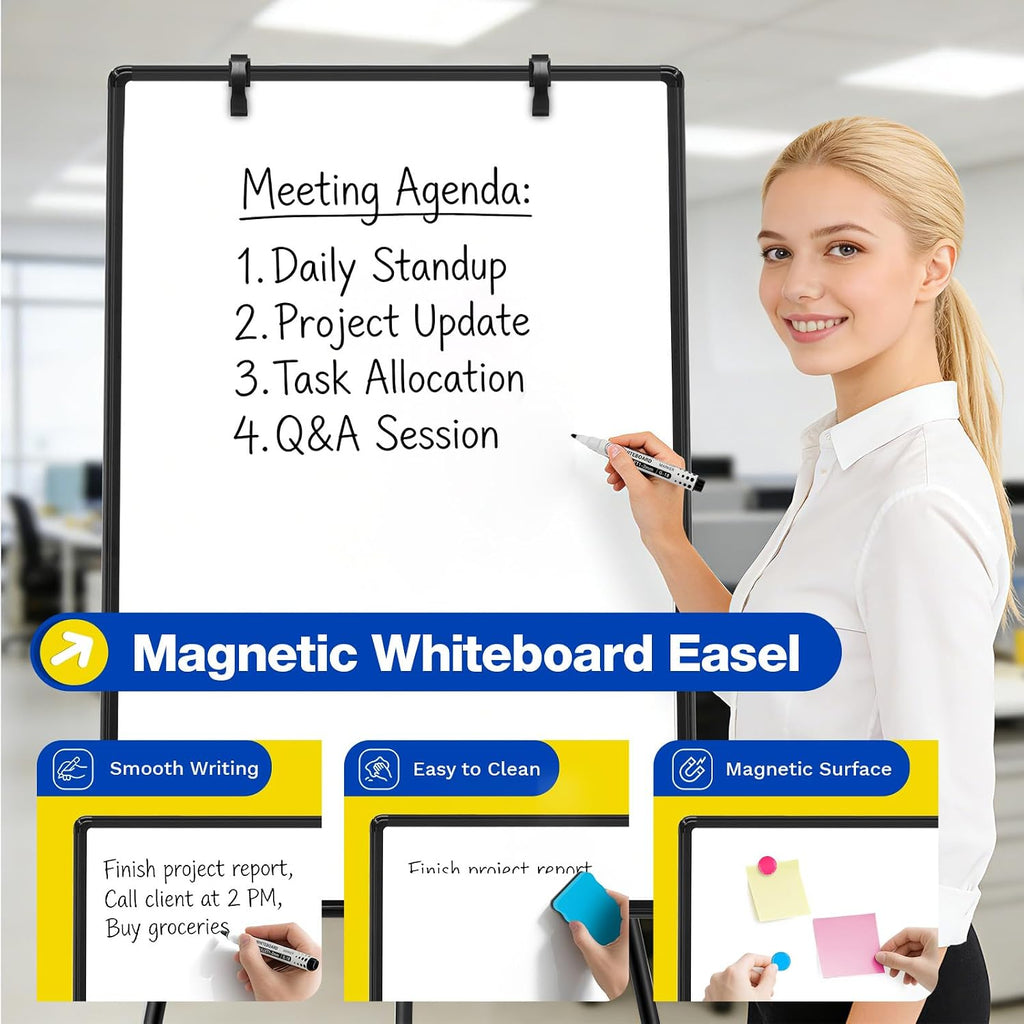 Magnetic Whiteboard Easel, 36"x24" （Black） | Height Adjustable Flipchart Easel with Stand, Large Aluminium Frame White Board for Office or Teaching at Home & Classroom
