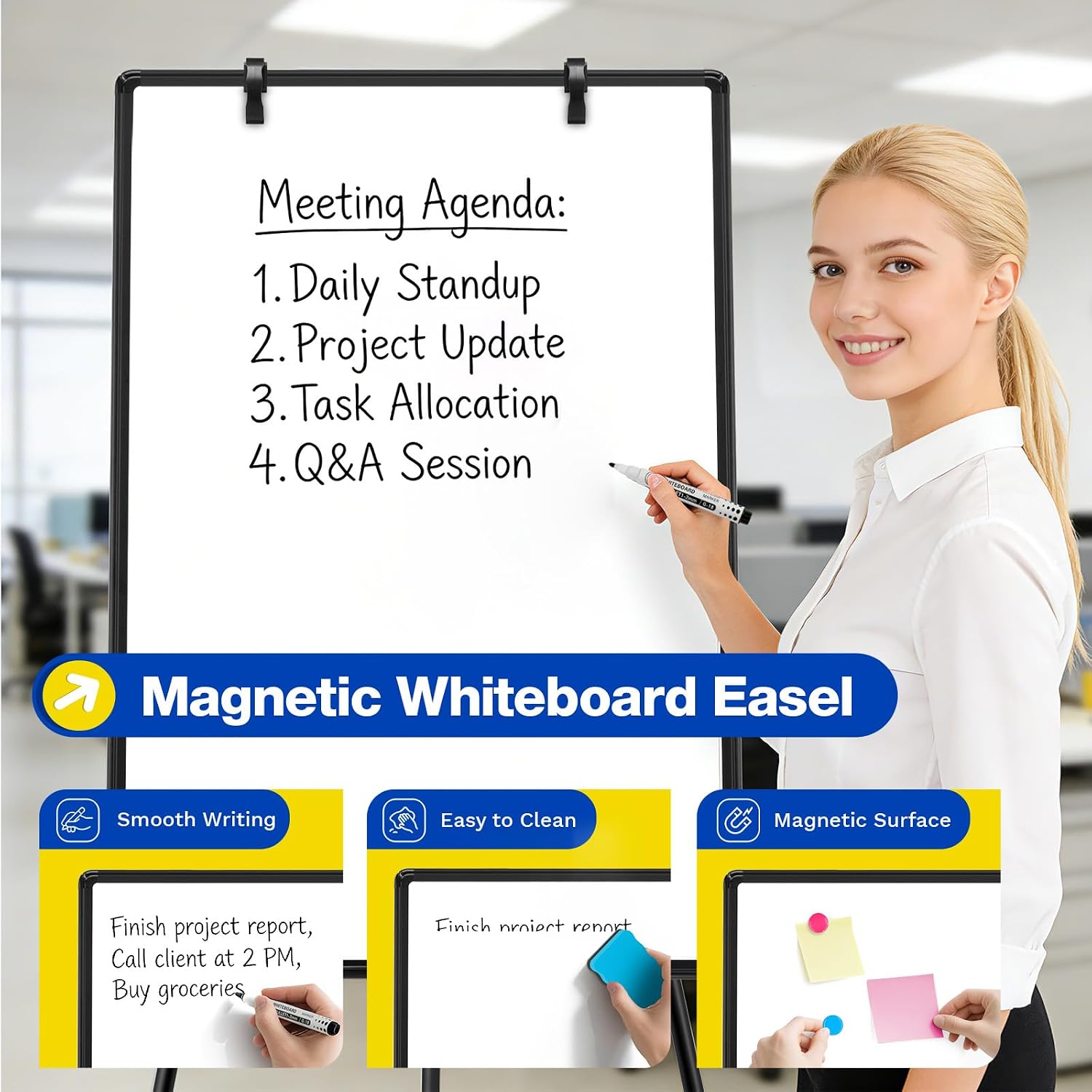 Magnetic Whiteboard Easel, 36"x24" （Black） | Height Adjustable Flipchart Easel with Stand, Large Aluminium Frame White Board for Office or Teaching at Home & Classroom