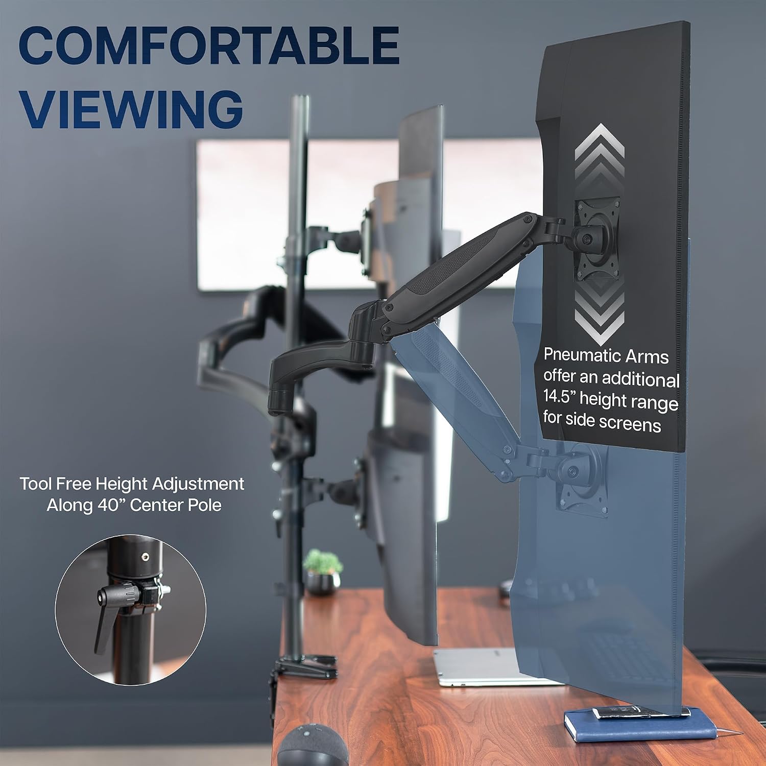 Quad Pneumatic Monitor Mount for 4 Screens up to 32 inches, Fully Adjustable, Heavy Duty Desk Stand with C-Clamp, Black, STAND-V400G