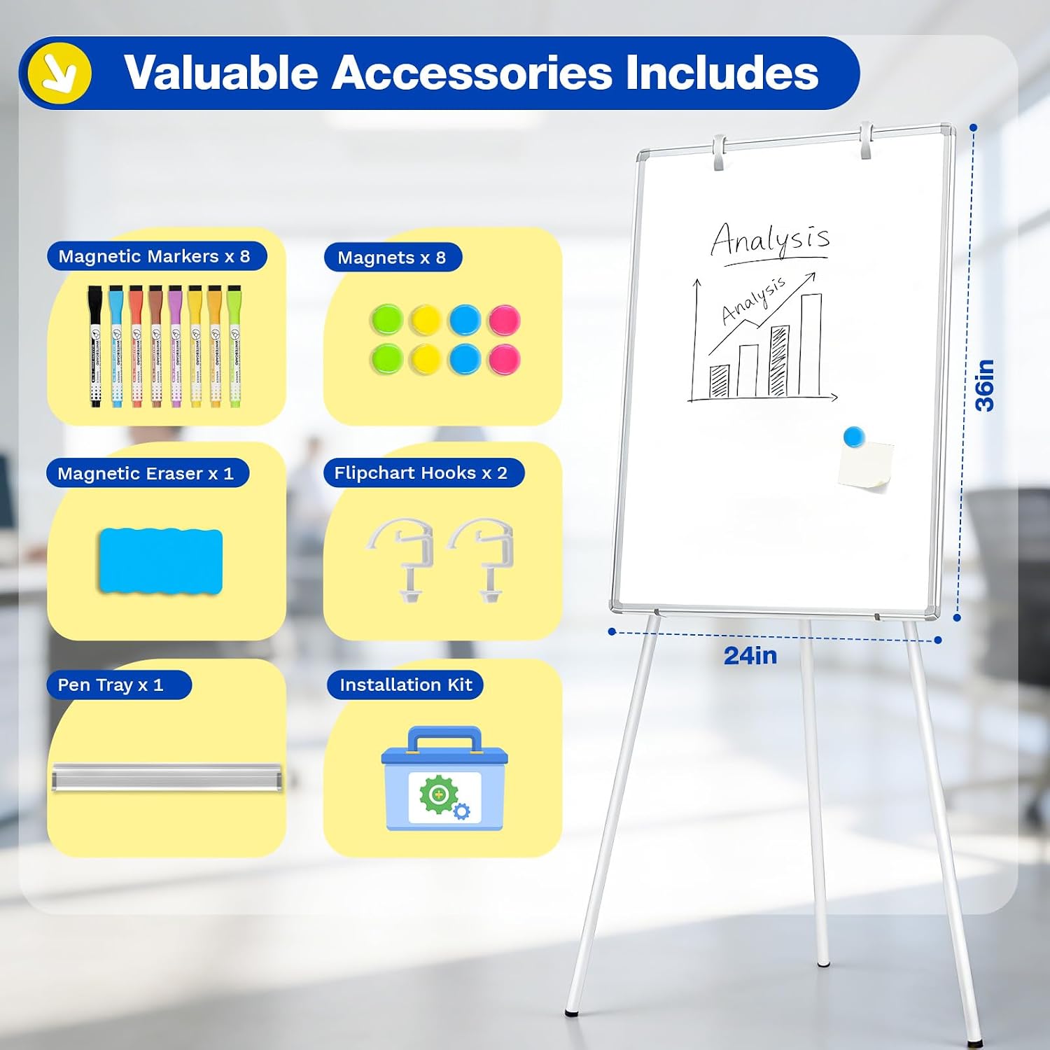 Magnetic Whiteboard Easel, 36"x24" | Height Adjustable Flipchart Easel with Stand, Large Aluminium Frame White Board for Office or Teaching at Home & Classroom