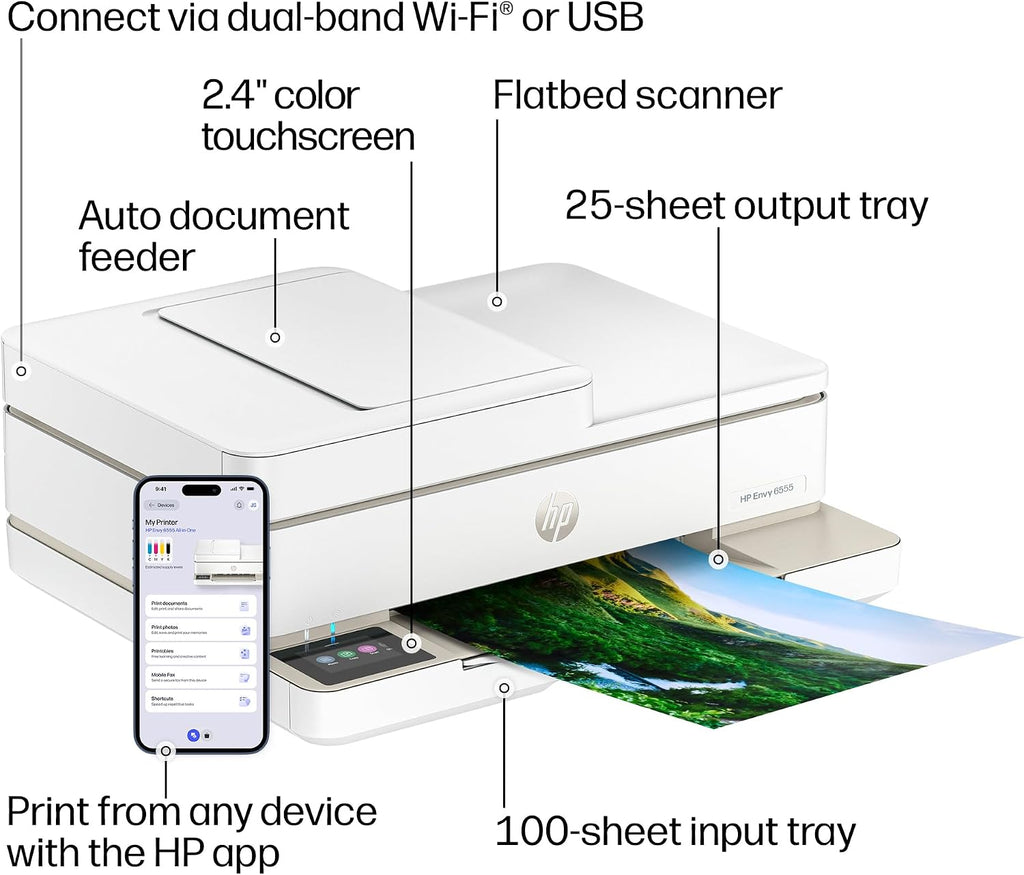 Envy 6555 Wireless All in One Color Inkjet Printer, Print, Scan, Copy, Duplex Printing Best-for-Home, 3 Month Trial of Instant Ink Included, AI-Capable (C2XR6A) Portobello
