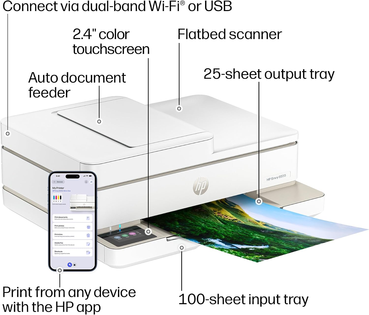Envy 6555 Wireless All in One Color Inkjet Printer, Print, Scan, Copy, Duplex Printing Best-for-Home, 3 Month Trial of Instant Ink Included, AI-Capable (C2XR6A) Portobello