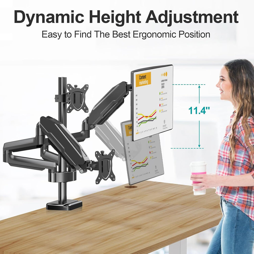 Triple Monitor Mount, 3 Monitor Desk Mount for Three Screens up to 32 Inch, Full Motion Gas Spring Heavy Duty Arm Hold up to 19.8lbs Each, VESA 75x75,100x100, Black