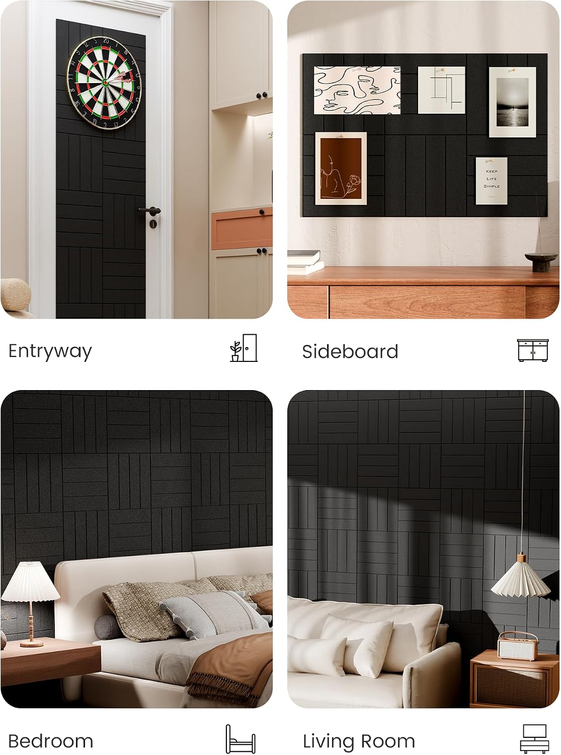 Large Felt Bulletin Board, 36" x 24" Cork Board Alternative, 6-Pack Bold Stripe Felt Wall Tiles with 30 Push Pins and 40 Adhesive Tabs, Ideal for Office, Home & Classroom, Black