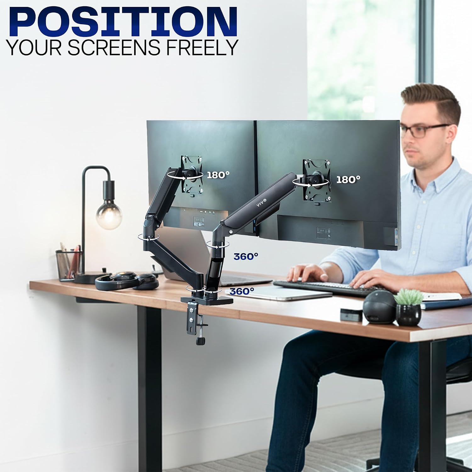 Dual Monitor up to 32 inches and 19.8 lbs per Screen, Pneumatic Arm Desk Mount, Articulating Counterbalance, VESA Stand, Classic, STAND-V002O