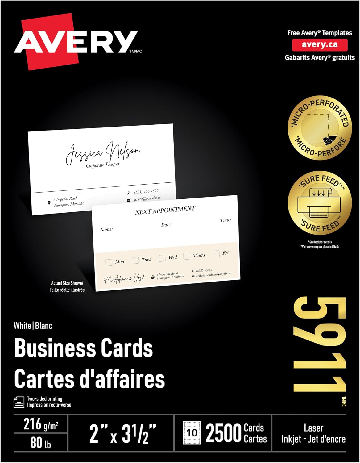 Printable Micro-Perforated Business Cards with Surefeed Technology, 2" x 3.5", Double Sided Printing, Matte White Cardstock, for Laser/Inkjet Printer, 2500 Blank Cards, (5911)