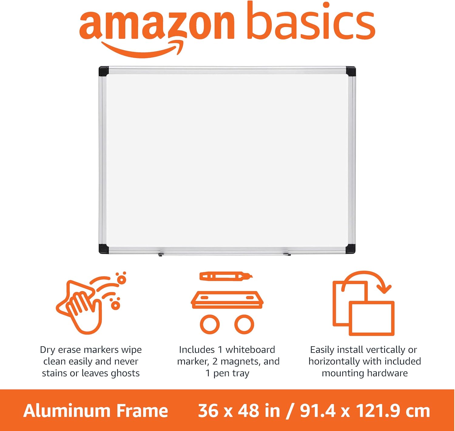Basics Magnetic Whiteboard/Dry Erase Board, 36 x 48-Inch, Aluminum Frame, Silver/White