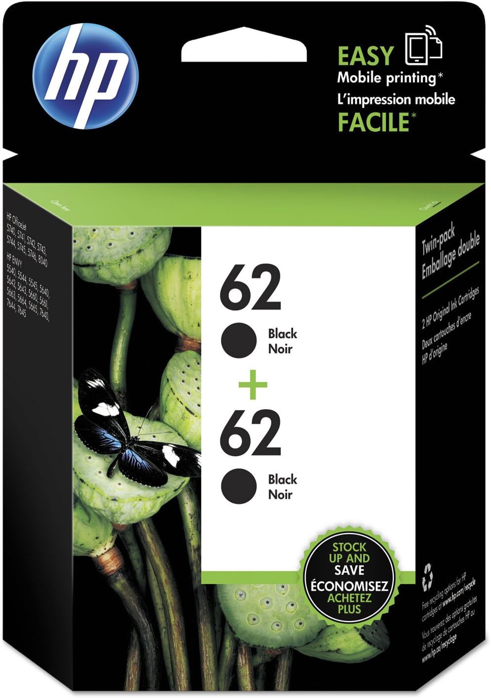 62 | 2 Ink Cartridges | Black | Works with Envy 5500 Series, 5600 Series, 7600 Series, OfficeJet 200, 250, 258, 5700 Series, 8040 | C2P04AN