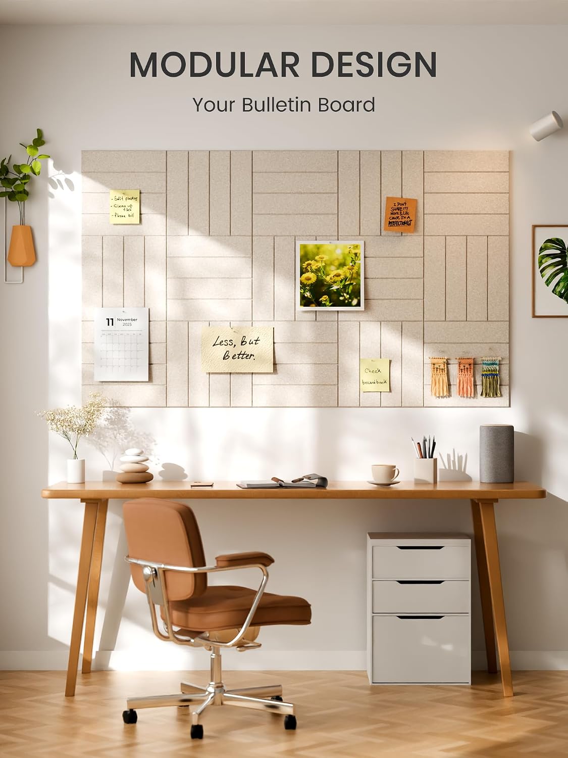 Large Felt Bulletin Board, 36" x 24" Cork Board Alternative, 6-Pack Bold Stripe Felt Wall Tiles with 30 Push Pins and 40 Adhesive Tabs, Ideal for Office, Home & Classroom, Oatmeal