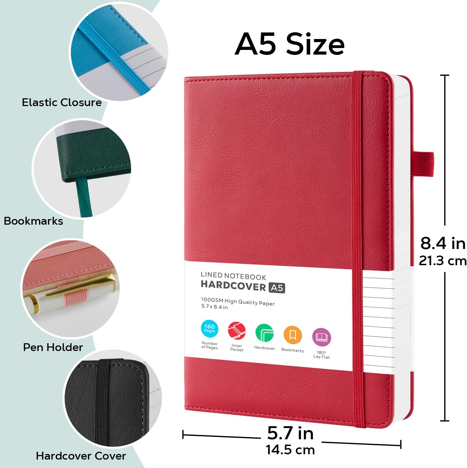 2 Pack Notebooks Journals for Women, A5 Diary Note book with Pen Loop, Travel Journal with 100GSM Lined Paper, Inner Pocket, for Gift, Office, School Supplies