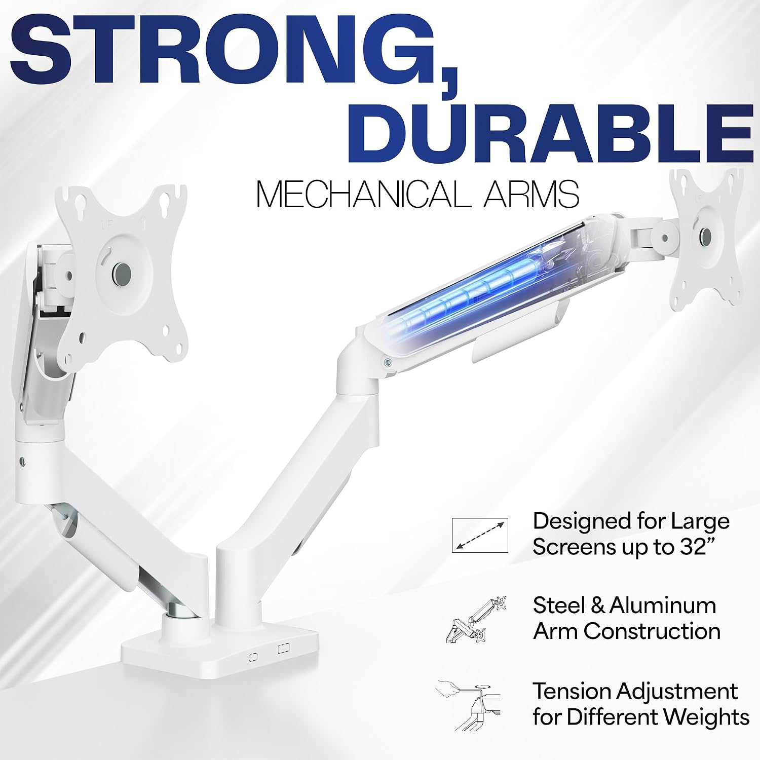 Dual Monitor Stand, Fully Adjustable Arms for 17 to 32 inch Screens, Mechanical Articulating Desk Mount, Gaming and Office Setups, VESA 75x75, 100x100, Max 19.8 lbs, Classic, White, STAND-V002OW