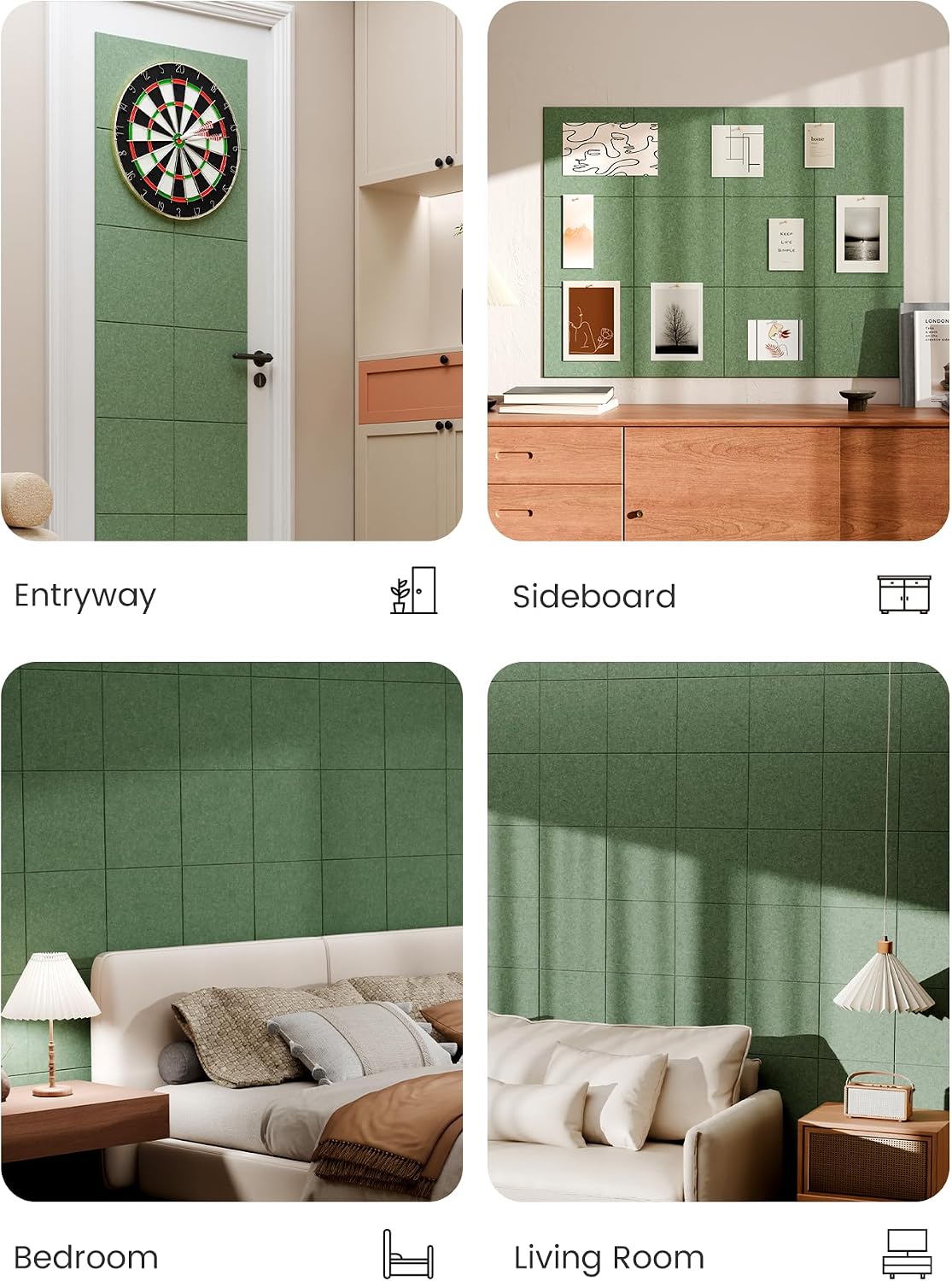 Large Felt Bulletin Board, 48" x 36" Cork Board Alternative, 12-Pack Solid Felt Wall Tiles with 30 Push Pins and 70 Adhesive Tabs, Ideal for Office, Home & Classroom, Moss Green