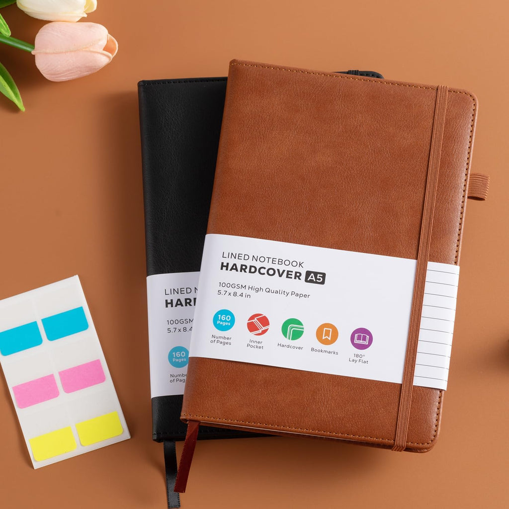 2 Pack Journal Notebook, Hardcover A5 Diary Journal for Women/Men Work, Leather Notebooks for School Supplies, 100GSM Lined Paper, No Bleed, Inner Pocket, Brown Black