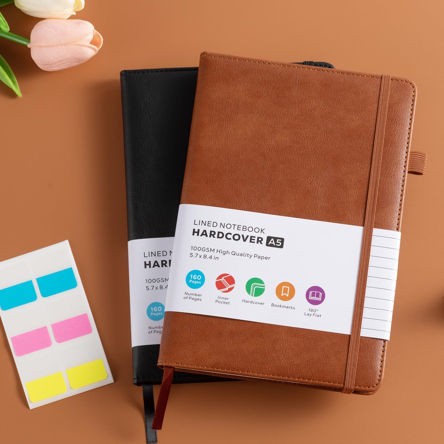 2 Pack Journal Notebook, Hardcover A5 Diary Journal for Women/Men Work, Leather Notebooks for School Supplies, 100GSM Lined Paper, No Bleed, Inner Pocket, Brown Black