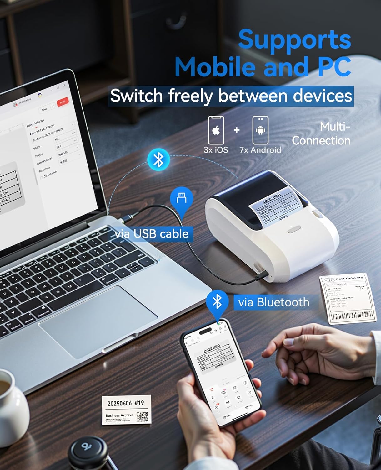 M3 Label Maker Machine with Tape, 3'' Bluetooth Label Printer | Thermal Transfer Sticker Printer for Small Business, Cable, Equipment, Works with Phones & PC(Not for 4x6 Shipping Label)