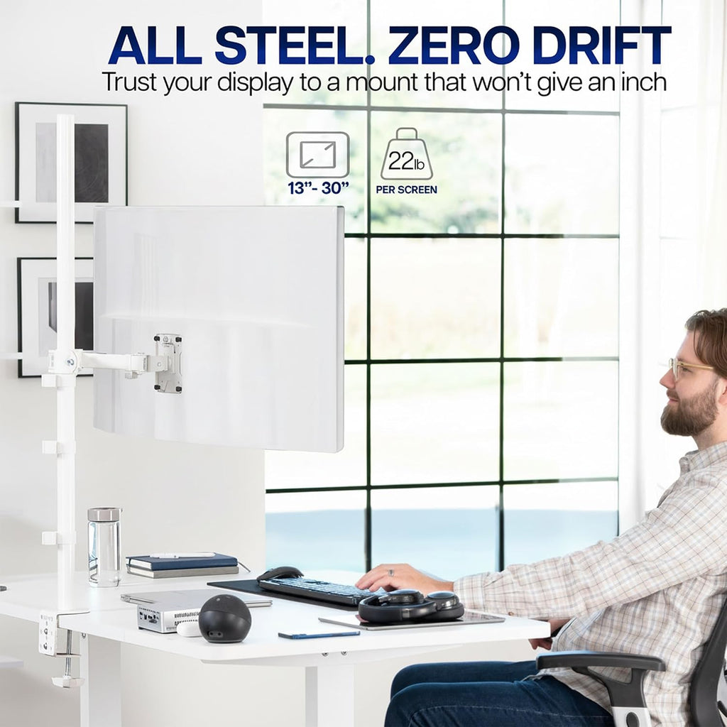 Extra Tall Single Monitor Desk Mount Stand with 39 inch Pole, Features Full Adjustability - Tilt and Articulation, Holds 13 to 32 inch Screens up to 10kg with VESA Mounting, White, STAND-V011W