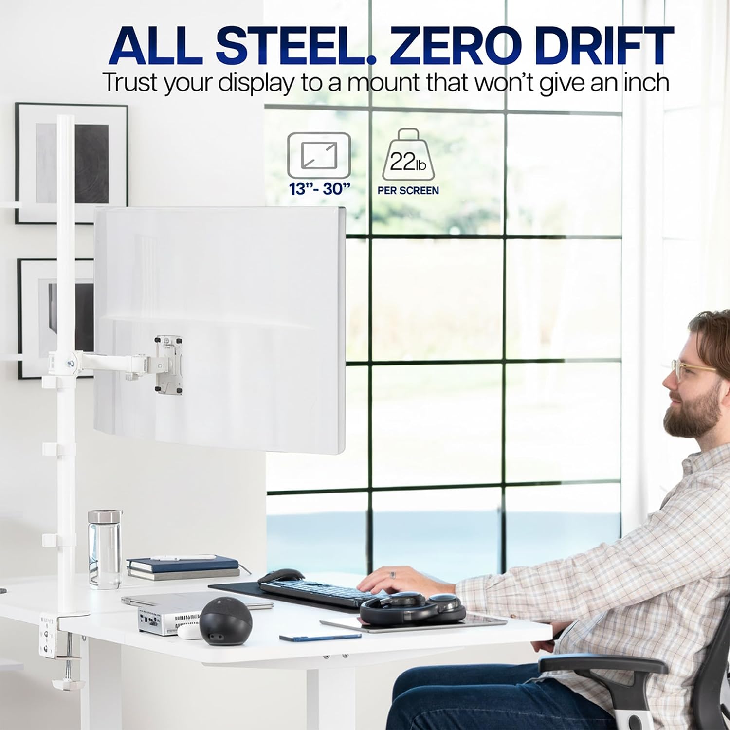 Extra Tall Single Monitor Desk Mount Stand with 39 inch Pole, Features Full Adjustability - Tilt and Articulation, Holds 13 to 32 inch Screens up to 10kg with VESA Mounting, White, STAND-V011W