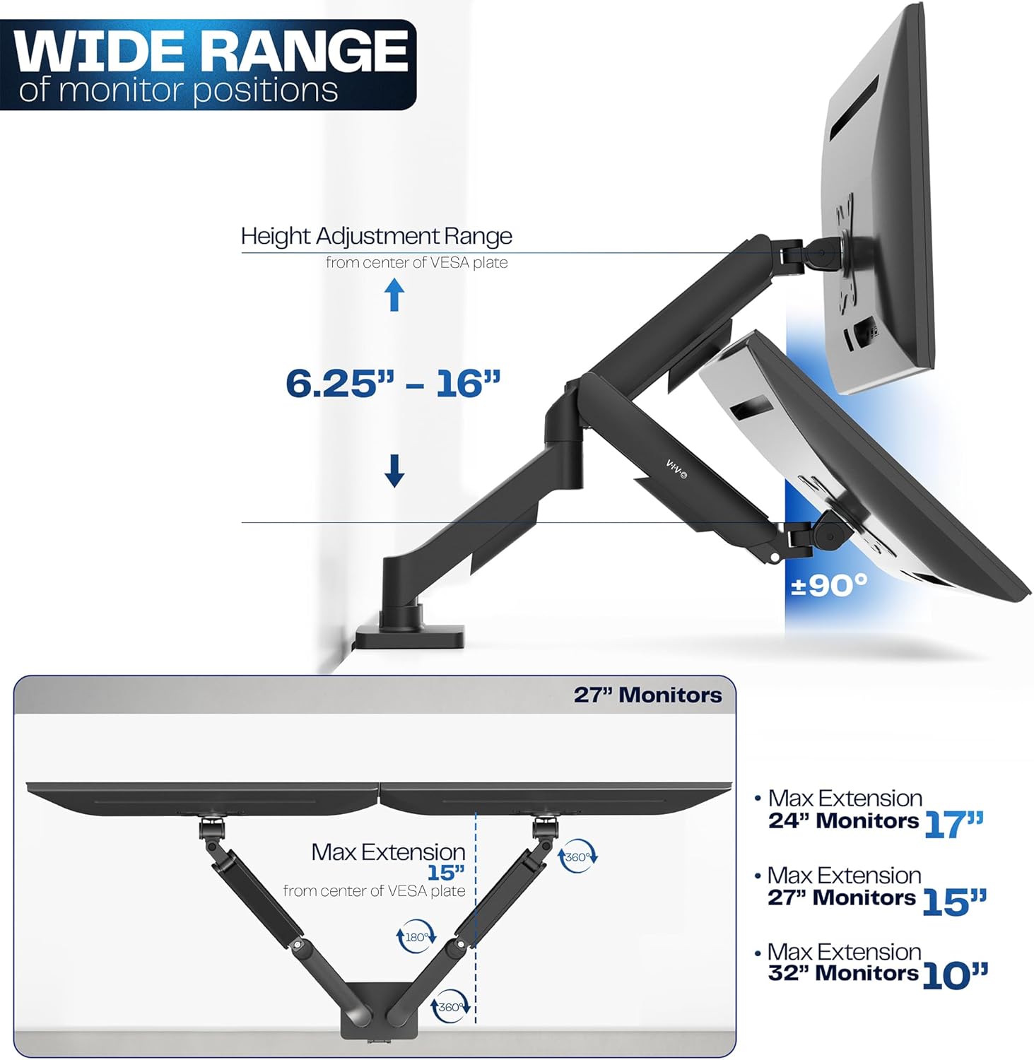Dual Monitor up to 32 inches and 19.8 lbs per Screen, Pneumatic Arm Desk Mount, Articulating Counterbalance, VESA Stand, Classic, STAND-V002O