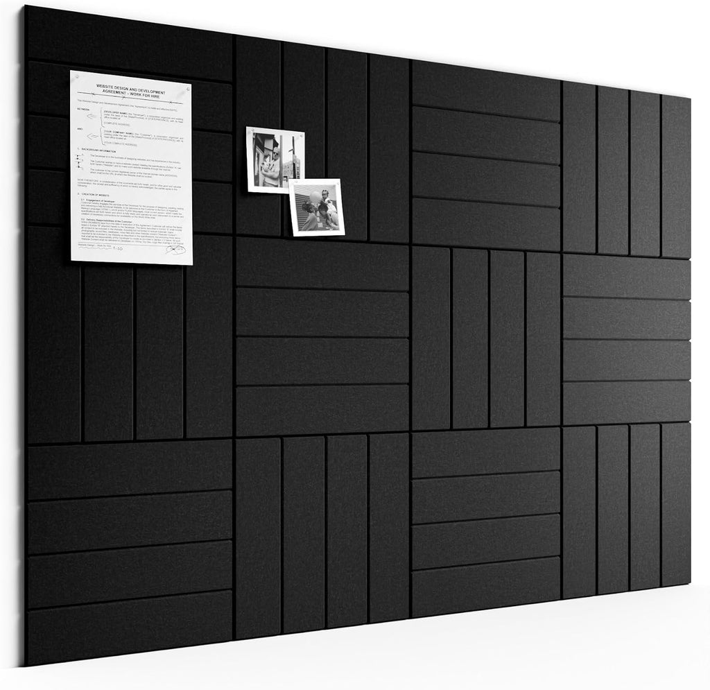 Large Felt Bulletin Board, 48" x 36" Cork Board Alternative, 12-Pack Bold Stripe Felt Wall Tiles with 30 Push Pins and 70 Adhesive Tabs, Ideal for Office, Home & Classroom, Black