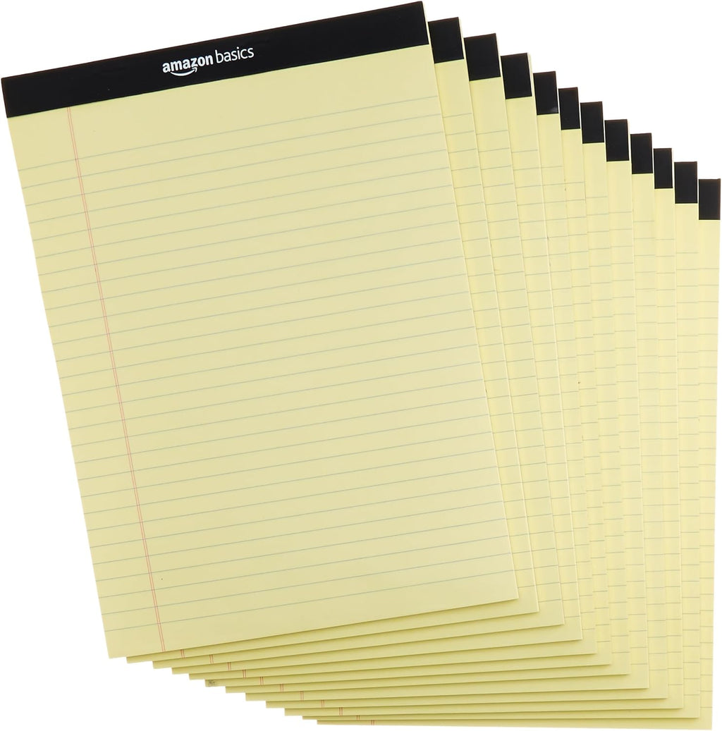 Basics Wide Ruled Lined Writing Note Pad, 8.5" x 11.75", Canary, 600 Perforated Sheets, 12-Pack of 50