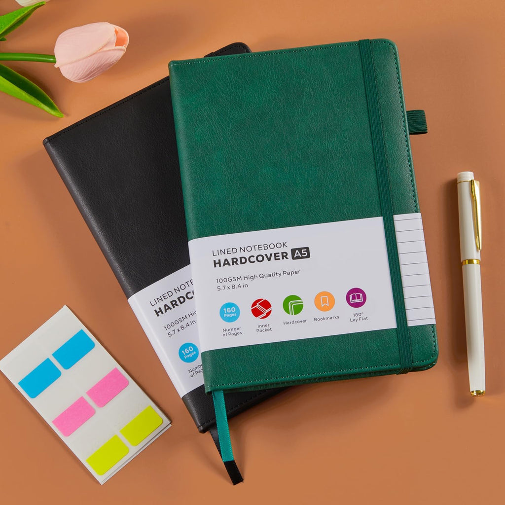 Notebook Journal for Work, 2 Pack Leather Journals for Women/Men, Hardcover Notebook for School Office Supplies, Travel Notepad with 100GSM Lined Paper, Inner Pocket, A5 (5.7"x8.4"), Green