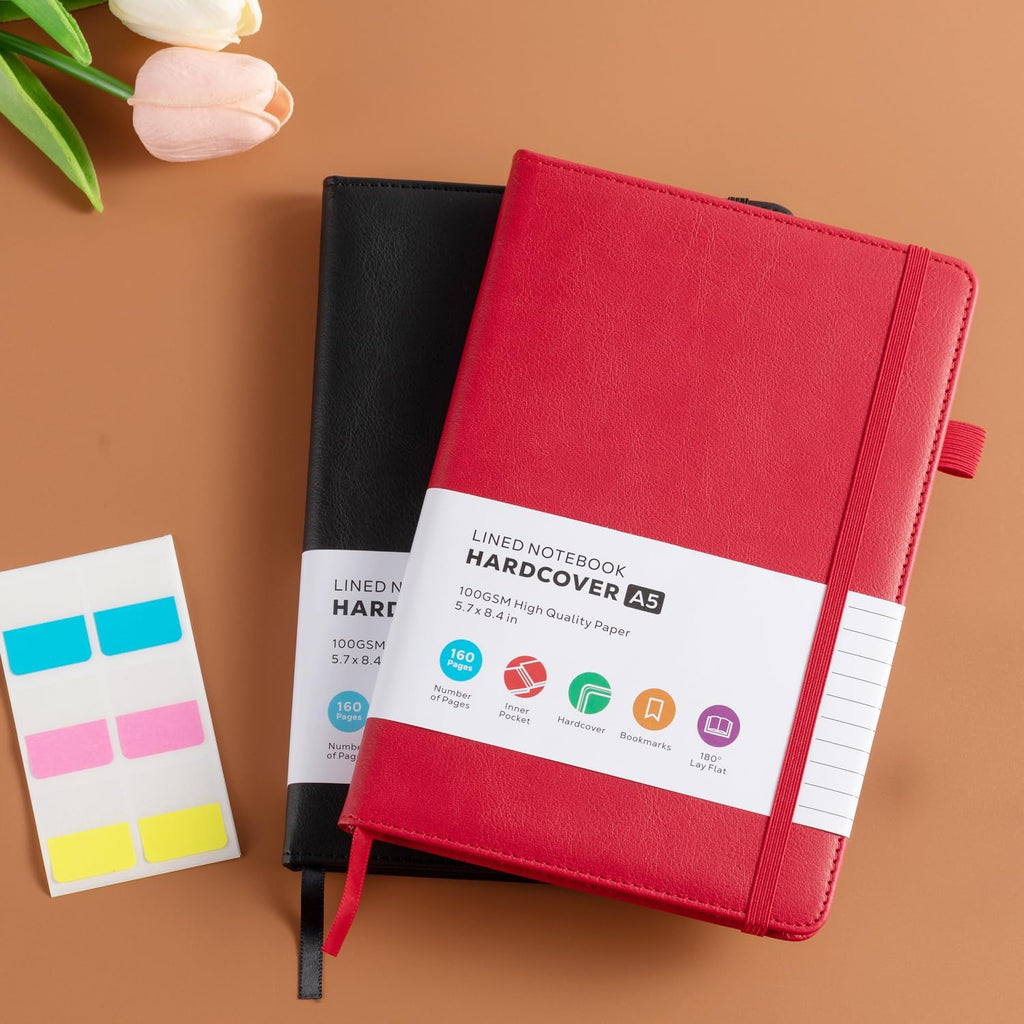 2 Pack Notebooks Journals for Women, A5 Diary Note book with Pen Loop, Travel Journal with 100GSM Lined Paper, Inner Pocket, for Gift, Office, School Supplies