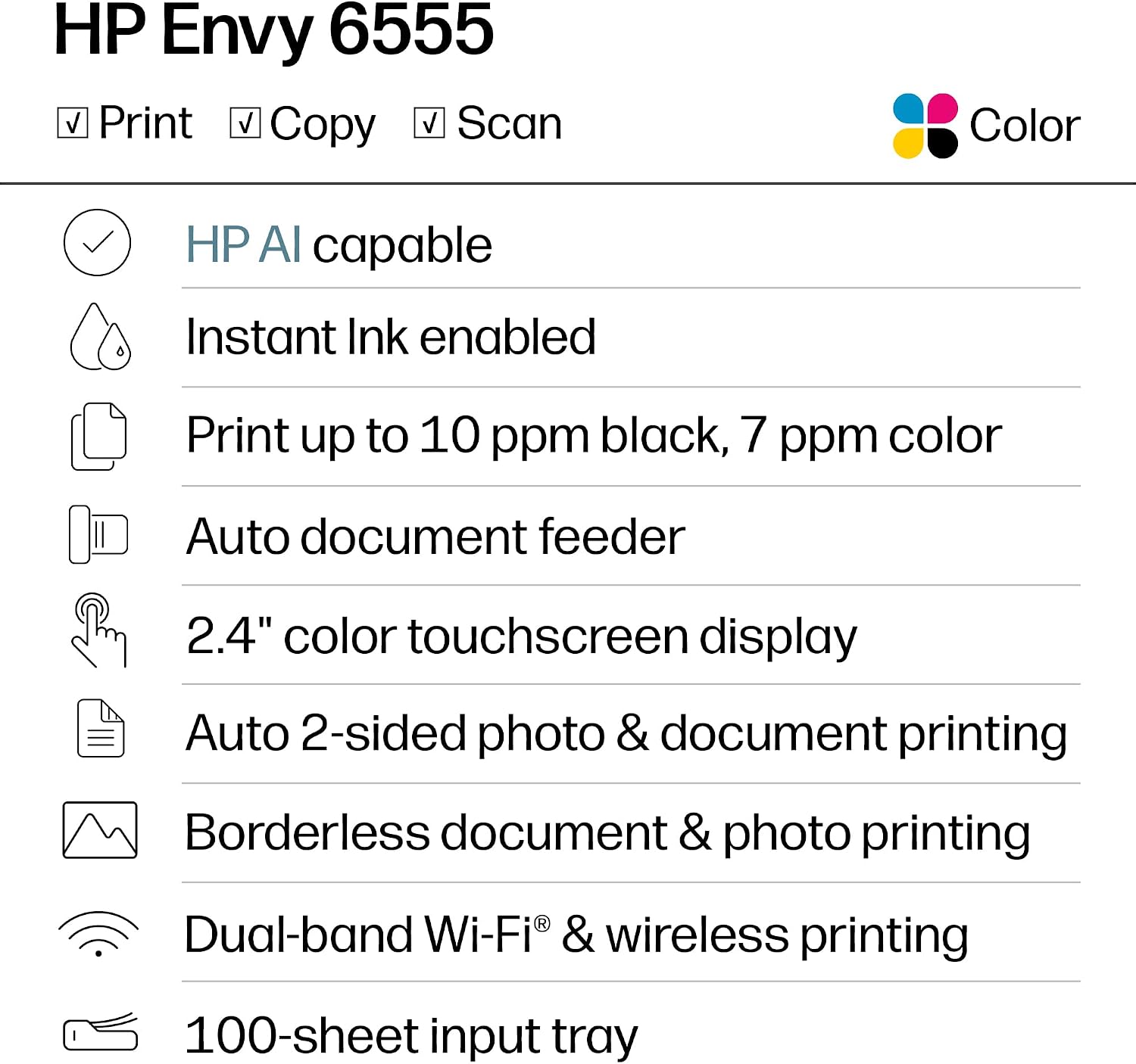 Envy 6555 Wireless All in One Color Inkjet Printer, Print, Scan, Copy, Duplex Printing Best-for-Home, 3 Month Trial of Instant Ink Included, AI-Capable (C2XR6A) Portobello