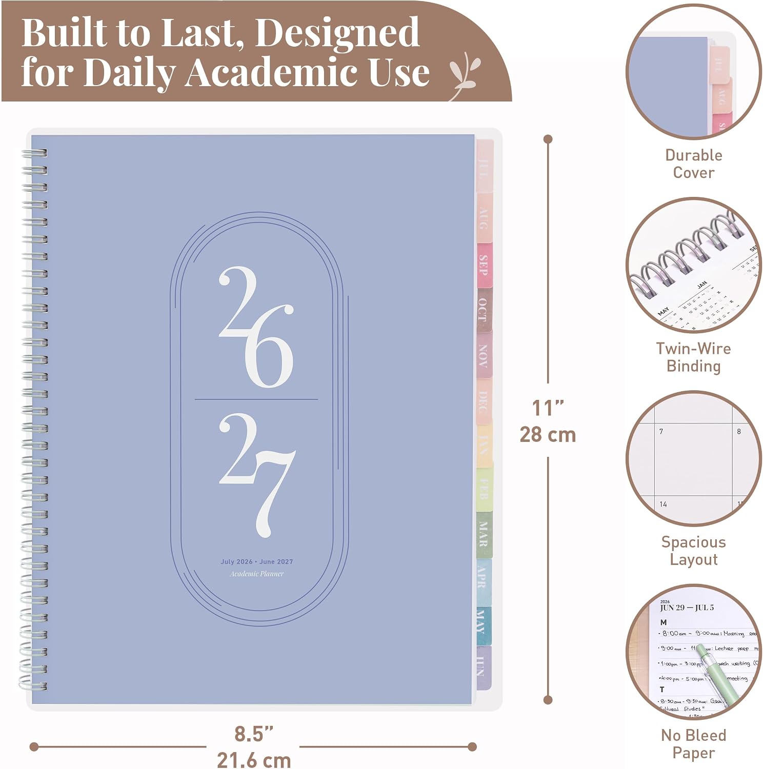 Rileys Academic Planner 2026-2027, Daily, Weekly & Monthly Planner, July 2026 - June 2027, Student Notes Pages, Twin-Wire Binding Weekly Agenda for School & Work (21.6 x 28 cm, Blue)
