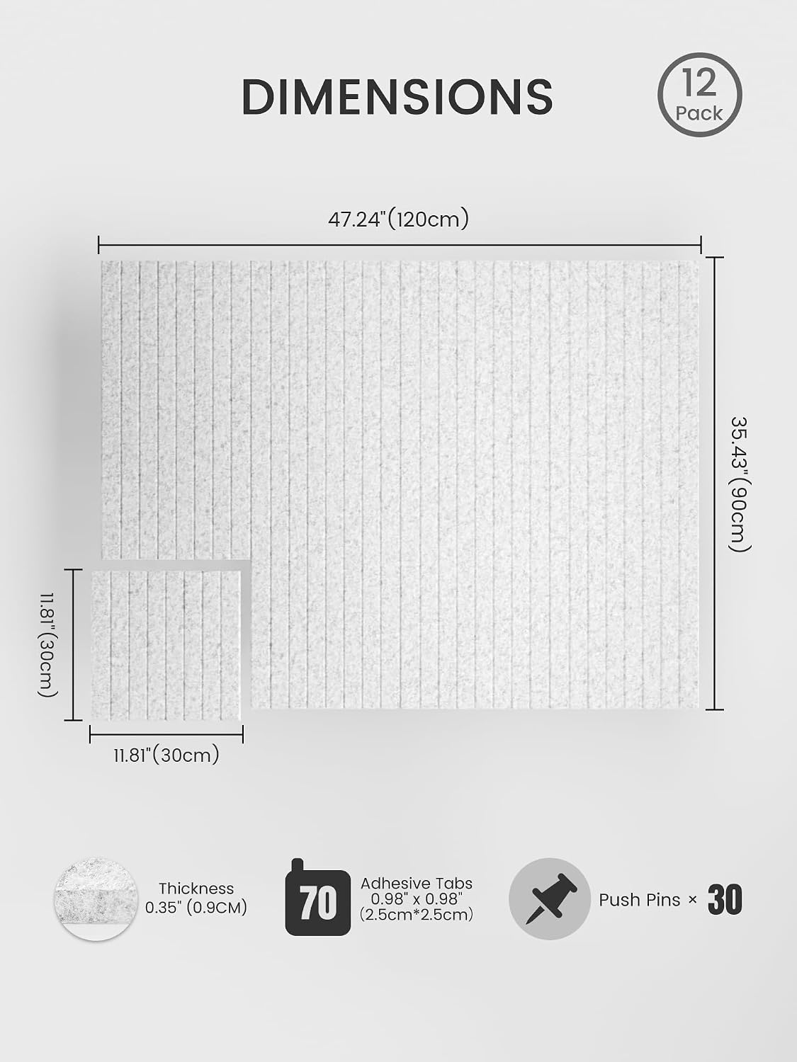 Large Felt Bulletin Board, 48" x 36" Cork Board Alternative, 12-Pack Fine Stripe Felt Wall Tiles with 30 Push Pins and 70 Adhesive Tabs, Ideal for Office, Home & Classroom, Light Gray