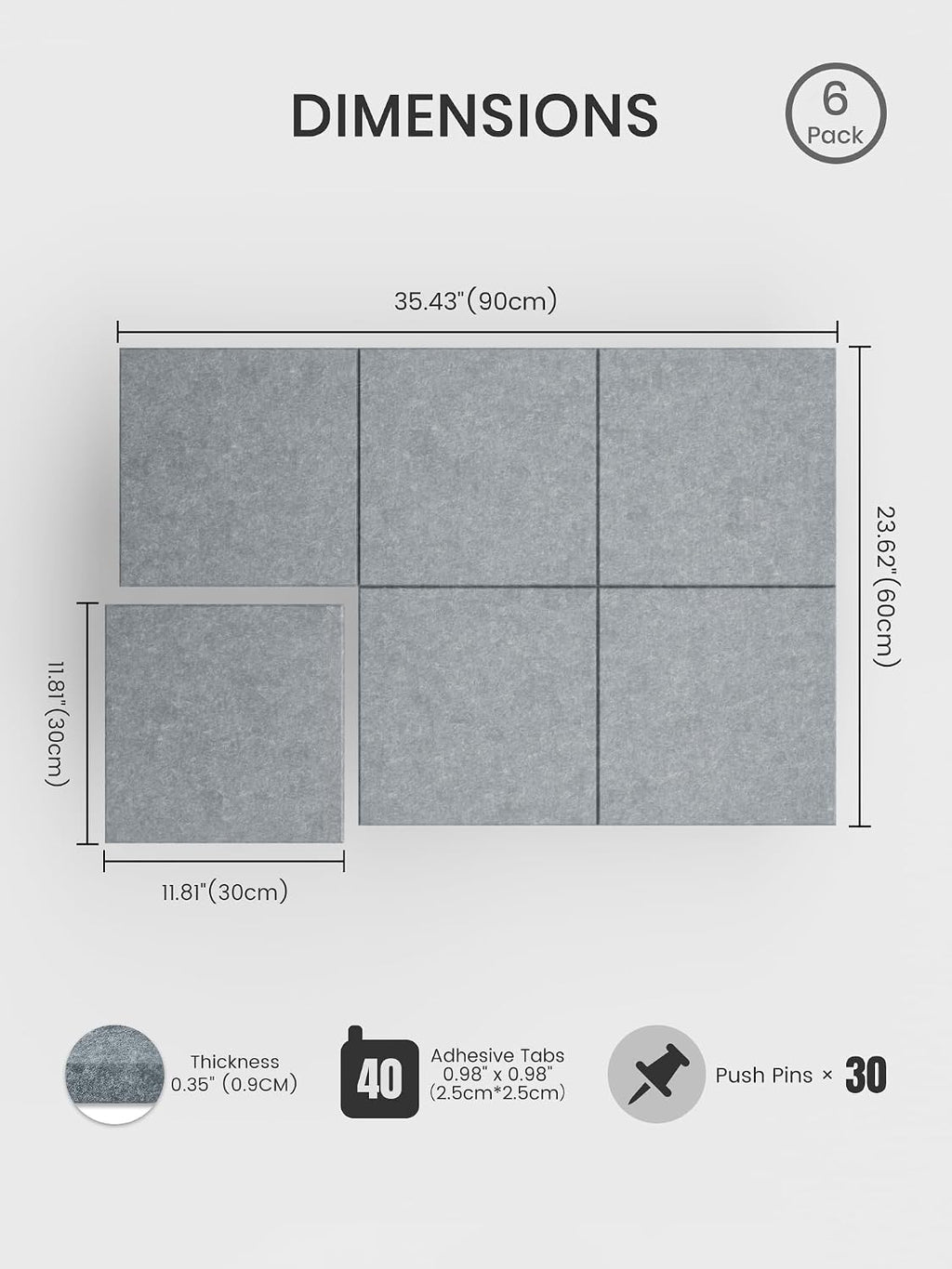 Large Felt Bulletin Board, 36" x 24" Cork Board Alternative, 6-Pack Solid Felt Wall Tiles with 30 Push Pins and 40 Adhesive Tabs, Ideal for Office, Home & Classroom, Blue Gray