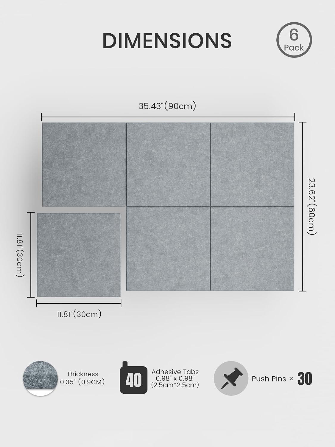 Large Felt Bulletin Board, 36" x 24" Cork Board Alternative, 6-Pack Solid Felt Wall Tiles with 30 Push Pins and 40 Adhesive Tabs, Ideal for Office, Home & Classroom, Blue Gray