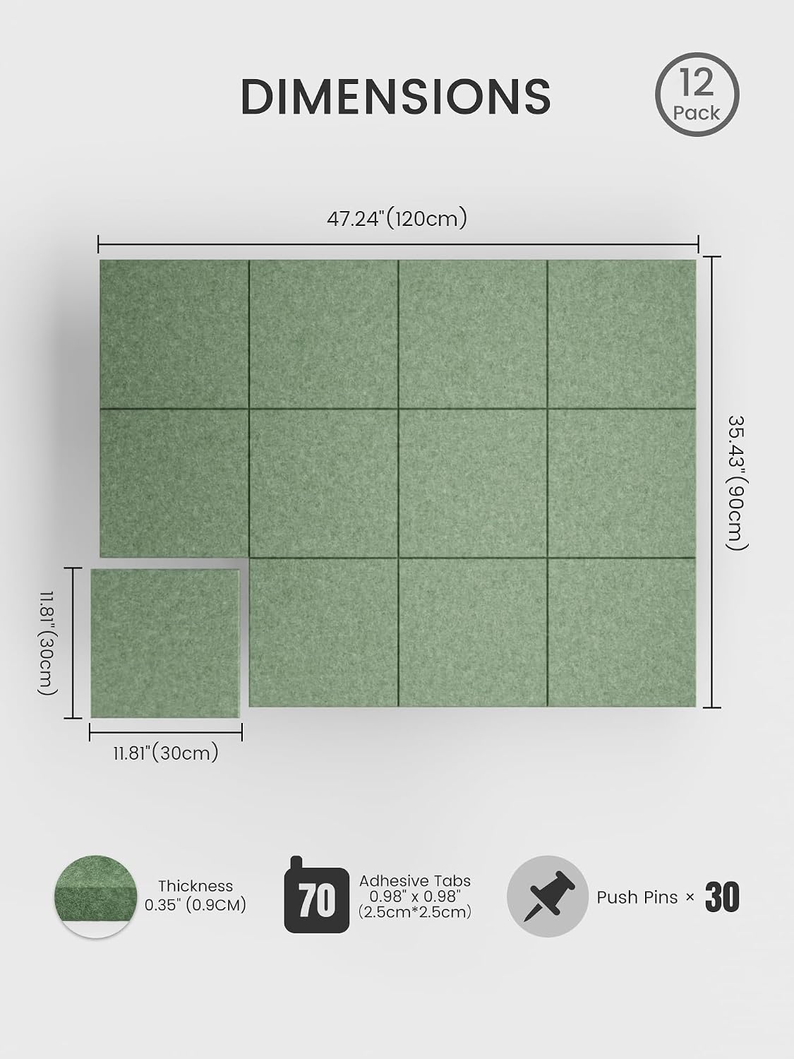 Large Felt Bulletin Board, 48" x 36" Cork Board Alternative, 12-Pack Solid Felt Wall Tiles with 30 Push Pins and 70 Adhesive Tabs, Ideal for Office, Home & Classroom, Moss Green