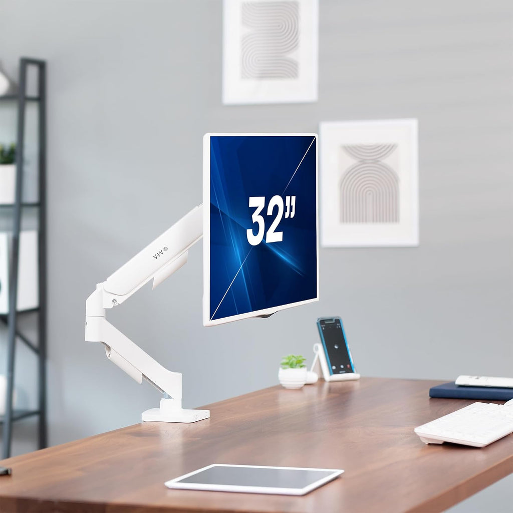 Single Monitor Stand, Fully Adjustable Arm for 17 to 32 inch Screen, Mechanical Articulating Desk Mount, Gaming and Office Setups, VESA 75x75, 100x100, Max 19.8 lbs, Classic, White, STAND-V001OW