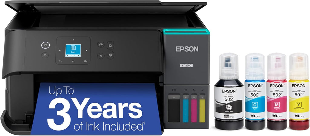 EcoTank ET-2980 Wireless All-in-One Color Supertank Printer with up to 3 Years of Ink Refillable Tanks, Perfect for Home, 15 PPM, 1.44" Colorful Screen, Auto 2-Sided Printing - Black