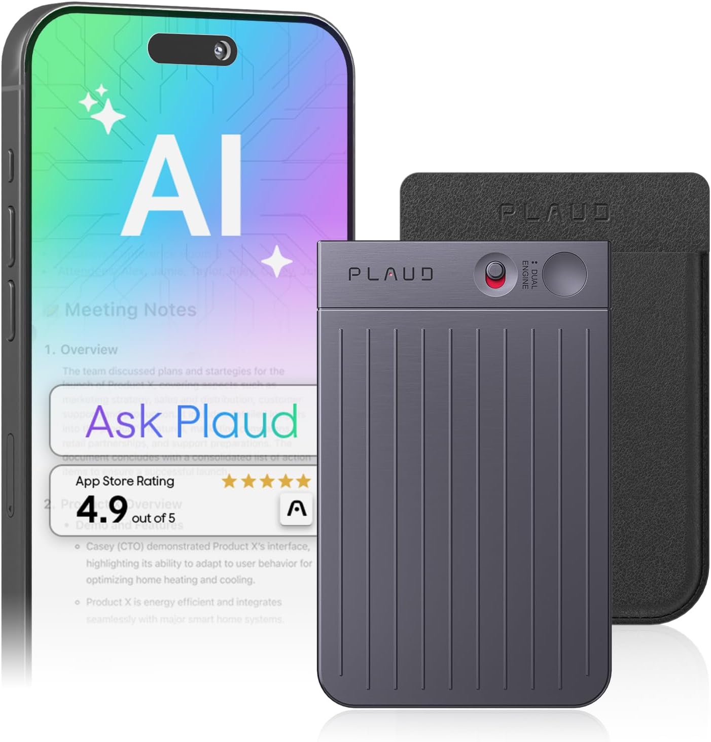 Note AI Voice Recorder, Note Taker w/Case, App Control, Transcribe & Summarize with AI, Support 112 Languages, for Meetings, Calls, Lectures, Professionals, Teams, Black, Non-Pro Version