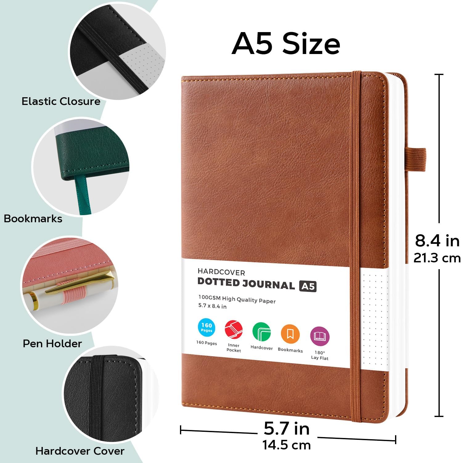 2 Pack Bullet Dotted Journal Notebook, Hardcover Leather A5 Diary Journaling Supplies for Women/ Men Work Writing, 100GSM Thick Paper, Inner Pocket, Brown Black, Office School Supplies, 5.7" x 8.4"