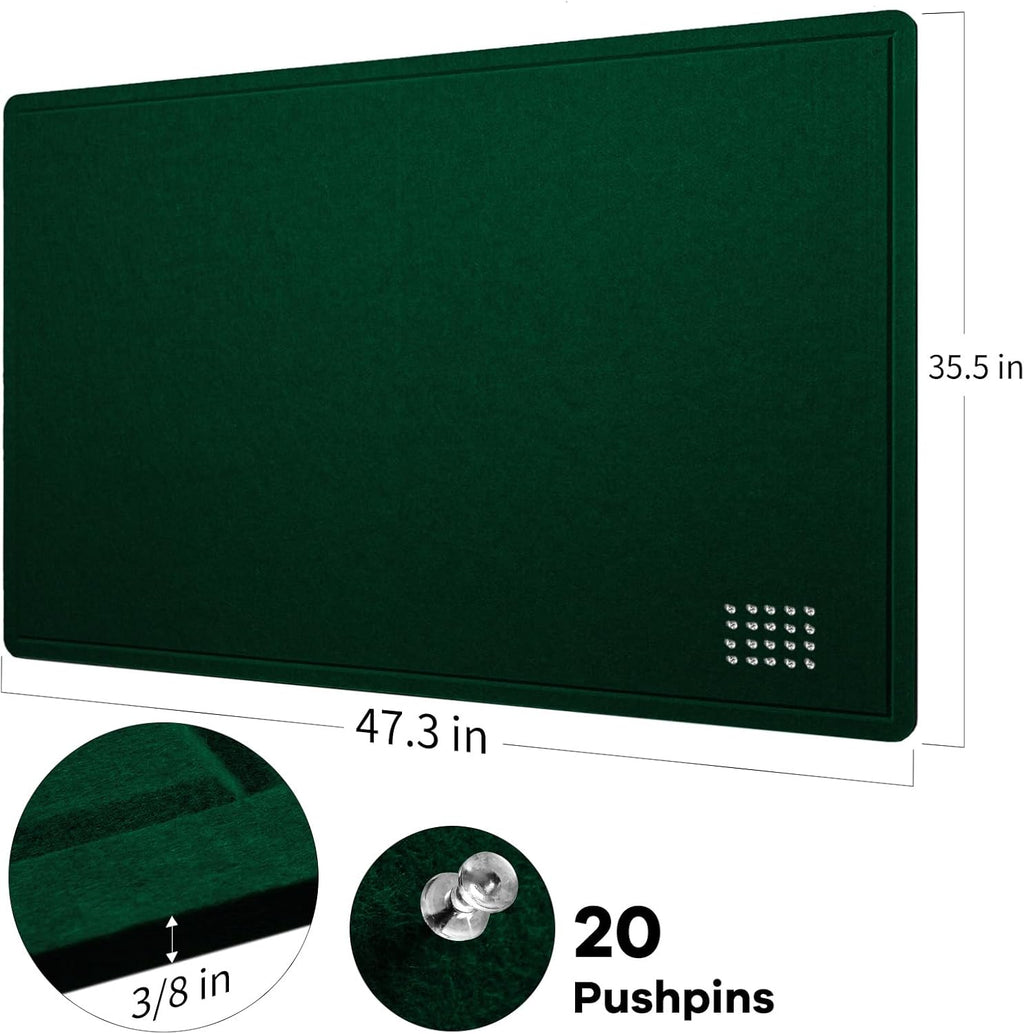 Large Bulletin Board - 48 x 36 Inches, Decorative Felt Pin Board for Wall - 4' x 3' Foldable Photo Display Board with Self-Adhesive Tape, Includes 20 Push Pins - Dark Green
